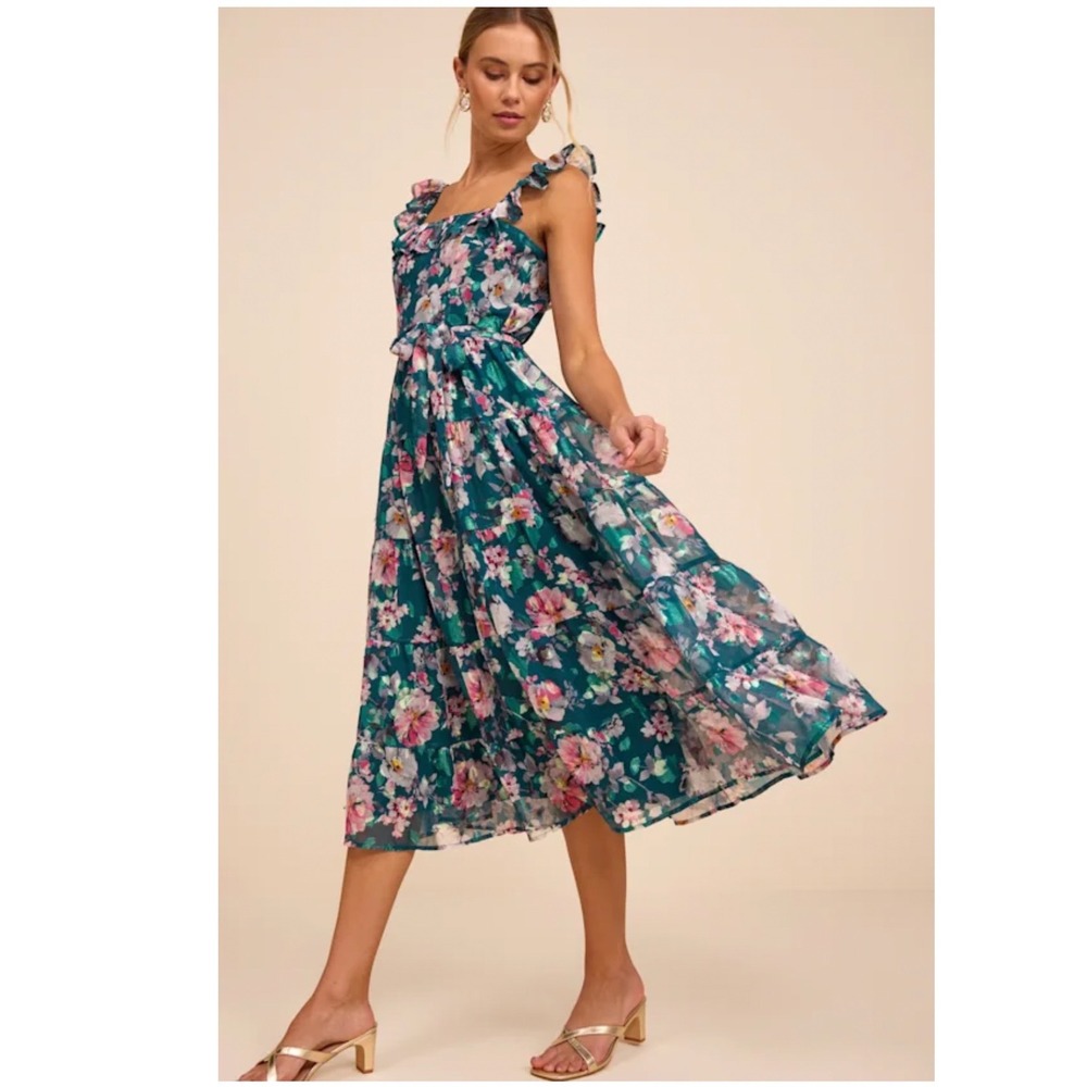 Lulus Shela Teal Floral Jacquard Tiered Midi Dress Size Large